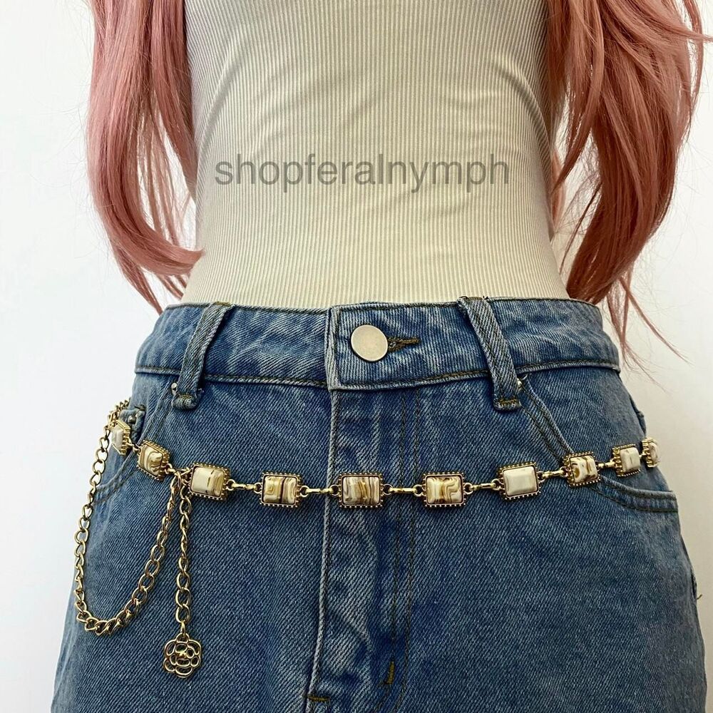 Gold Y2K Boho Toffee Marble Stone Chain Belt, Fits 25-43 Inches, X7GA1498